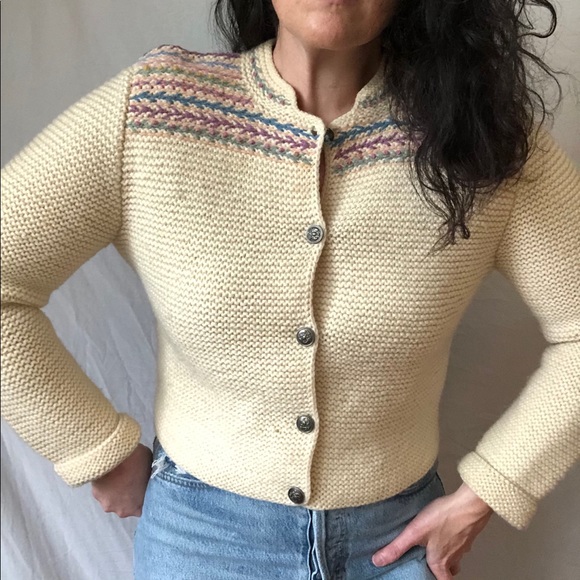 Vtg Hand Knit Embroidered 100% Pure Wool Pastel Rosebud Ivory Cardigan Sweater - Picture 12 of 16